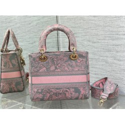 Dior Lady D-Lite Medium Bag in Grey and Pink Toile de Jouy Reverse Embroidery CDBS2334