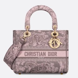 Dior Lady D-Lite Medium Bag in Grey and Pink Toile de Jouy Reverse Embroidery CDBS2334