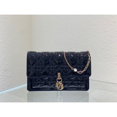 Dior Lady Dior Chain Pouch In Black Patent Calfskin CDBS2258