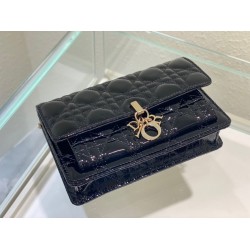 Dior Lady Dior Chain Pouch In Black Patent Calfskin CDBS2258