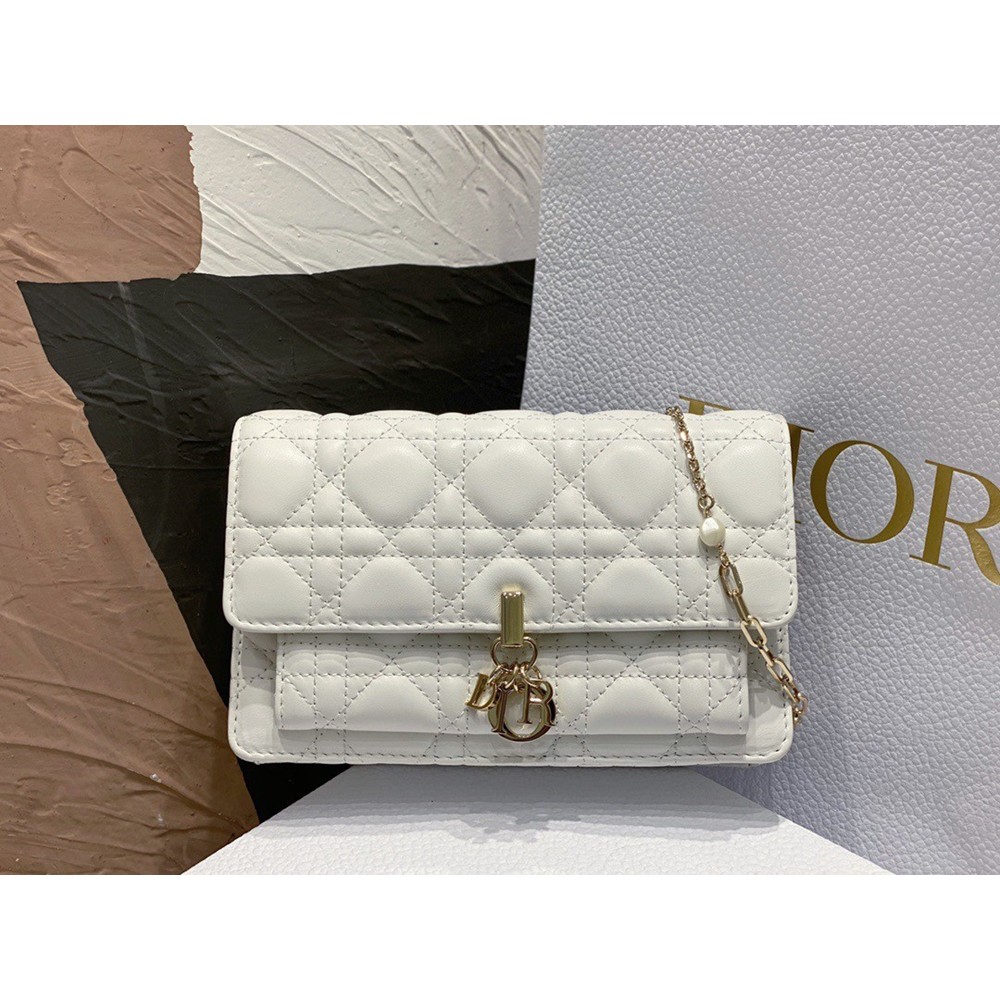 Dior Lady Dior Chain Pouch In White Cannage Lambskin CDBS2260