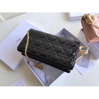 Dior Lady Dior Clutch With Chain In Black Patent CDBS2262