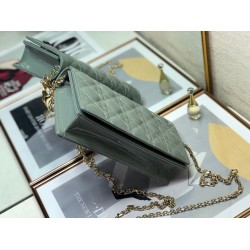 Dior Lady Dior Clutch With Chain In Grey Patent Leather CDBS2265