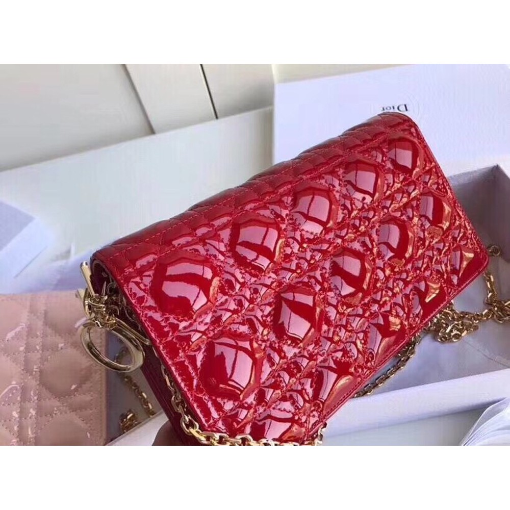 Dior Lady Dior Clutch With Chain In Red Patent Calfskin CDBS2269