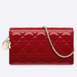 Dior Lady Dior Clutch With Chain In Red Patent Calfskin CDBS2269