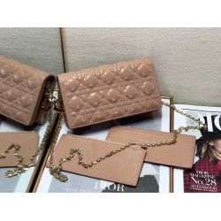 Dior Lady Dior Clutch With Chain In Rose Des Vents Patent Leather CDBS2270