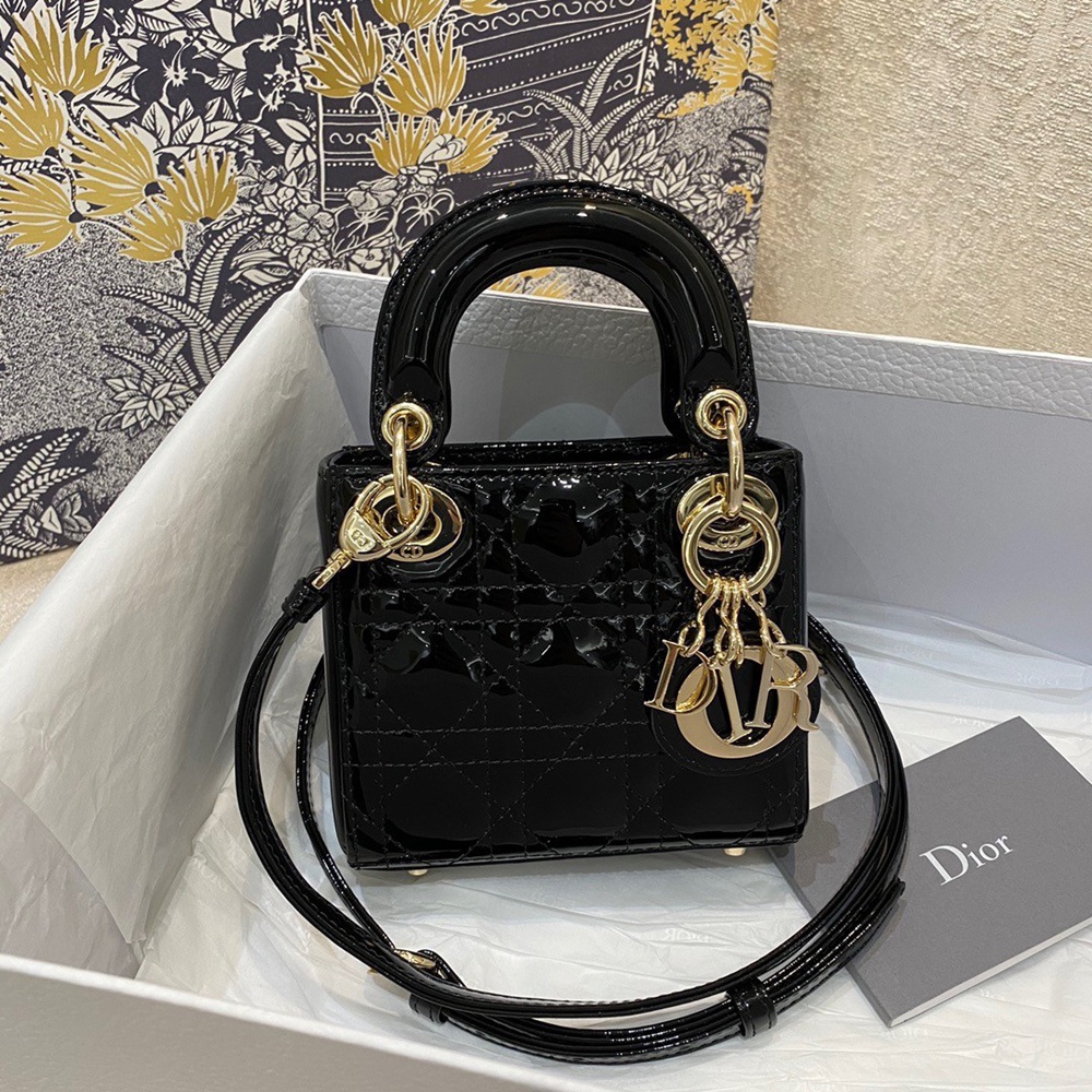 Dior Lady Dior Micro Bag In Black Patent Cannage Calfskin CDBS2274