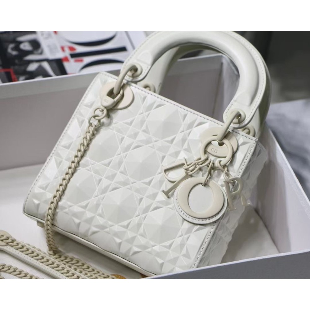 Dior Lady Dior Mini Bag In White Calfskin With Diamond Motif CDBS2278