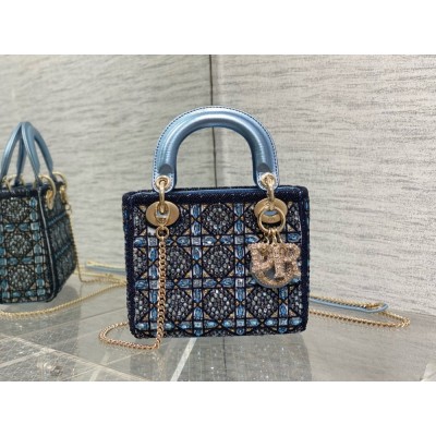 Dior Lady Dior Mini Chain Bag in Satin With Blue Bead Embroidery CDBS2282