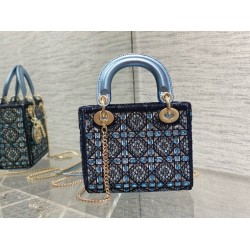 Dior Lady Dior Mini Chain Bag in Satin With Blue Bead Embroidery CDBS2282