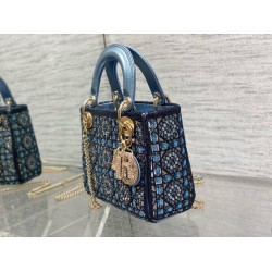 Dior Lady Dior Mini Chain Bag in Satin With Blue Bead Embroidery CDBS2282