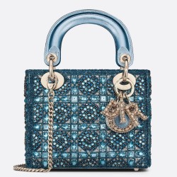 Dior Lady Dior Mini Chain Bag in Satin With Blue Bead Embroidery CDBS2282