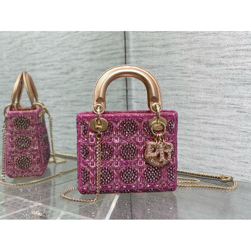 Dior Lady Dior Mini Chain Bag in Satin With Pink Resin Pearl Embroidery CDBS2283