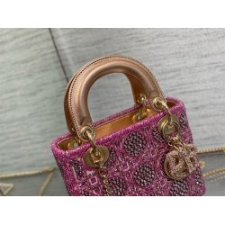 Dior Lady Dior Mini Chain Bag in Satin With Pink Resin Pearl Embroidery CDBS2283