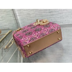 Dior Lady Dior Mini Chain Bag in Satin With Pink Resin Pearl Embroidery CDBS2283