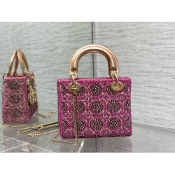 Dior Lady Dior Mini Chain Bag in Satin With Pink Resin Pearl Embroidery CDBS2283