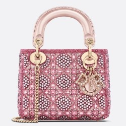 Dior Lady Dior Mini Chain Bag in Satin With Pink Resin Pearl Embroidery CDBS2283