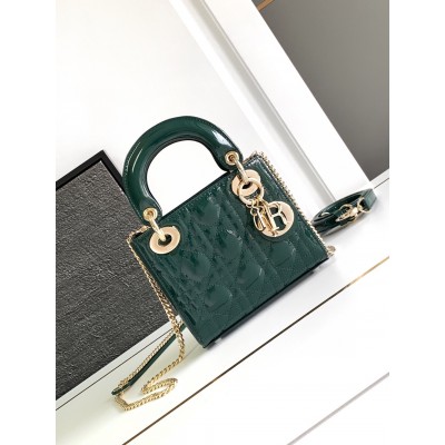 Dior Lady Dior Mini Chain Bag With Chain in Green Patent Calfskin CDBS2286