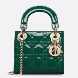 Dior Lady Dior Mini Chain Bag With Chain in Green Patent Calfskin CDBS2286