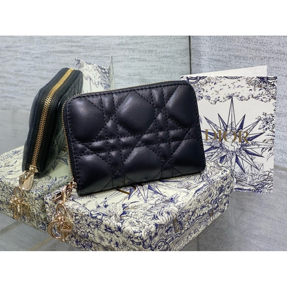 Dior Lady Dior Voyageur Small Coin Purse in Black Lambskin CDBS2299