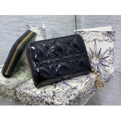 Dior Lady Dior Voyageur Small Coin Purse in Black Patent Leather CDBS2300