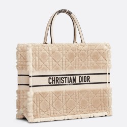 Dior Large Book Tote Bag In Beige Cannage Shearling CDBS2342