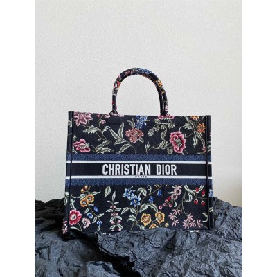 Dior Large Book Tote Bag In Black Dior Petites Fleurs Embroidery CDBS2344