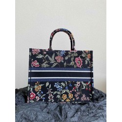 Dior Large Book Tote Bag In Black Dior Petites Fleurs Embroidery CDBS2344