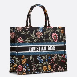 Dior Large Book Tote Bag In Black Dior Petites Fleurs Embroidery CDBS2344