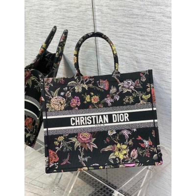 Dior Large Book Tote Bag In Black Multicolor Jardin Botanique Embroidery CDBS2345