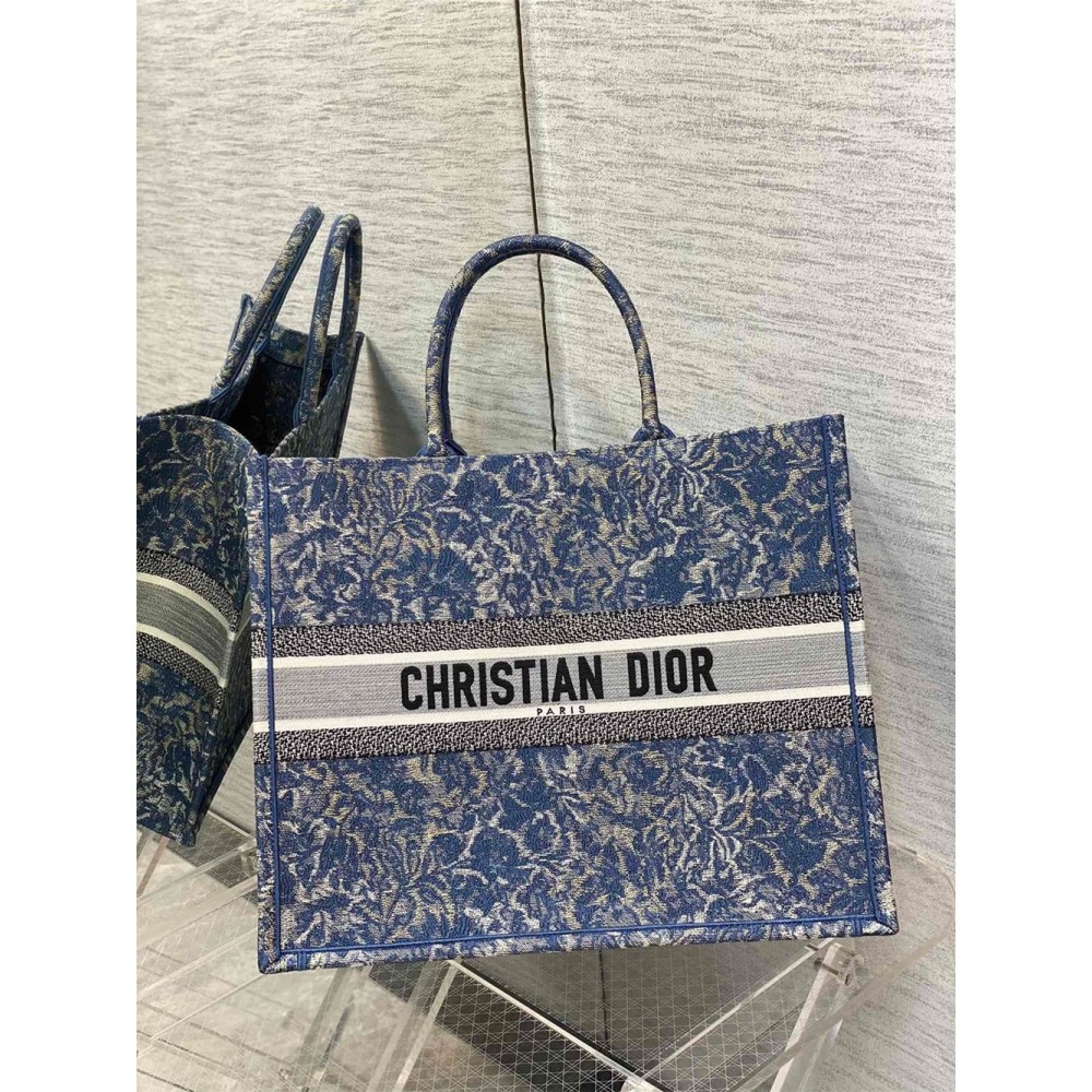 Dior Large Book Tote Bag In Blue Brocart Denim-Effect Embroidery CDBS2347