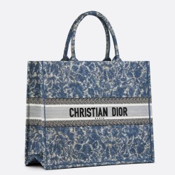 Dior Large Book Tote Bag In Blue Brocart Denim-Effect Embroidery CDBS2347