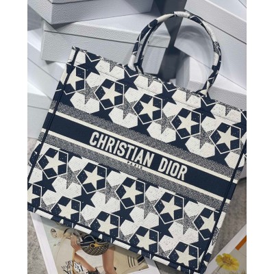 Dior Large Book Tote Bag In Blue and White Dior Etoile Embroidery CDBS2346