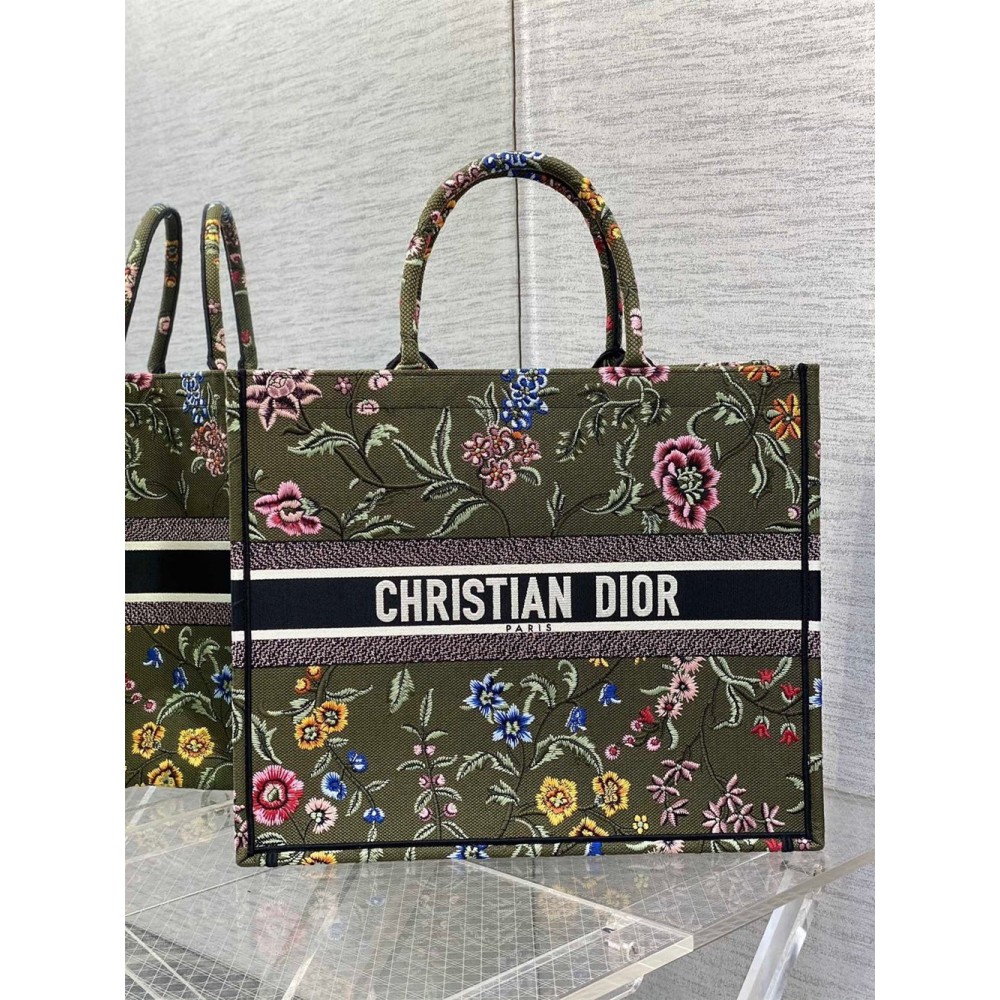 Dior Large Book Tote Bag In Green Dior Petites Fleurs Embroidery CDBS2354