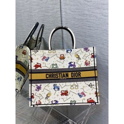 Dior Large Book Tote Bag In White Pixel Zodiac Embroidery CDBS2361