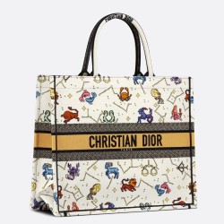 Dior Large Book Tote Bag In White Pixel Zodiac Embroidery CDBS2361