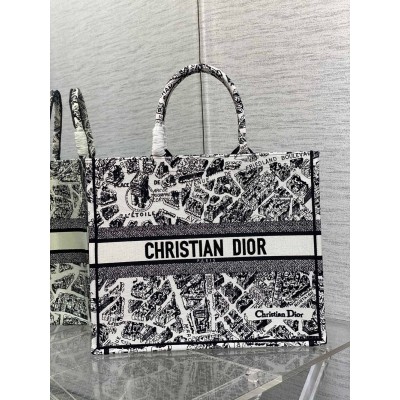 Dior Large Book Tote Bag In White Plan de Paris Embroidery CDBS2362