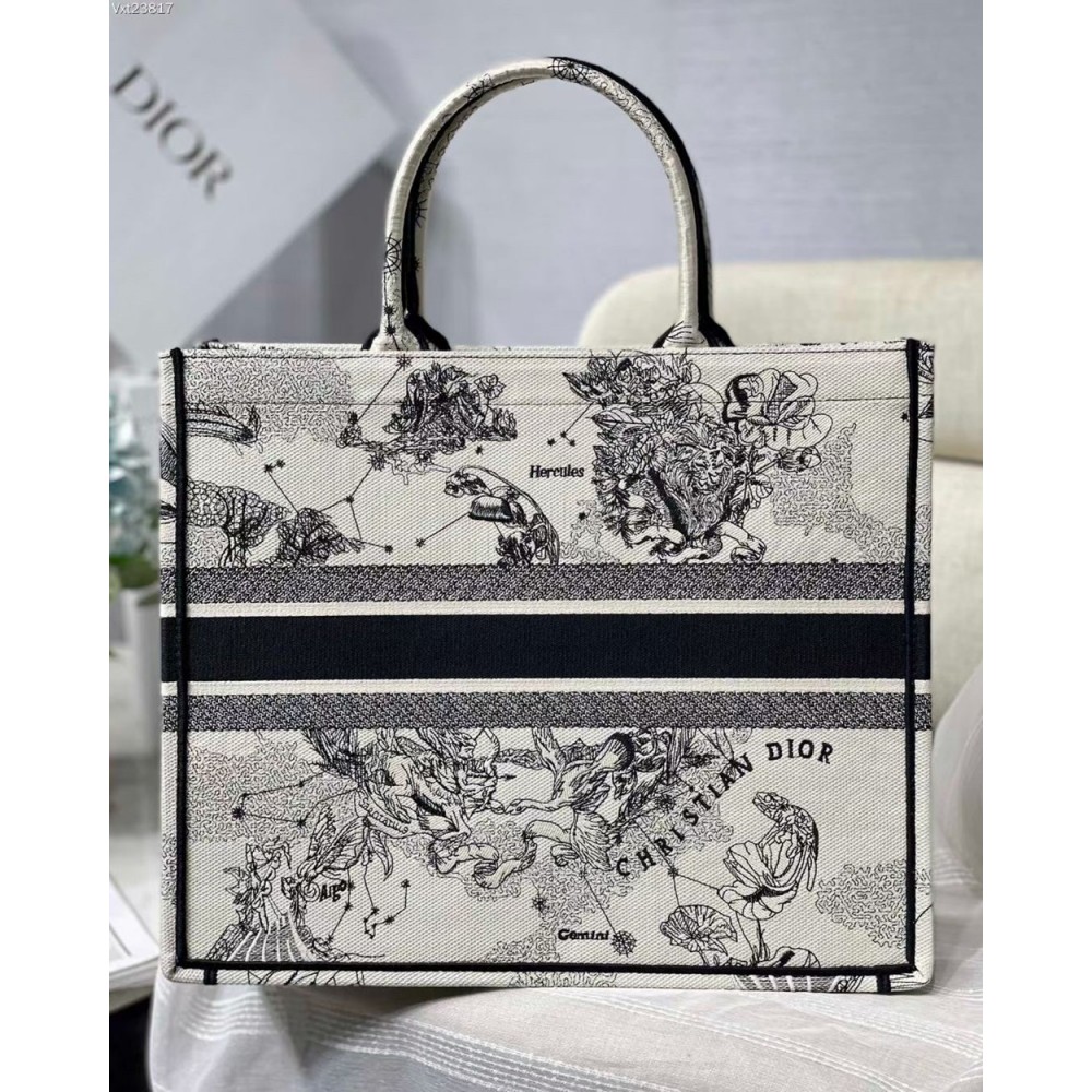 Dior Large Book Tote Bag In White Toile de Jouy Zodiac Embroidery CDBS2365