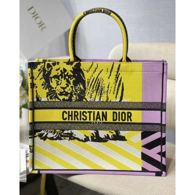 Dior Large Book Tote Bag In Yellow D-Jungle Pop Embroidery CDBS2366