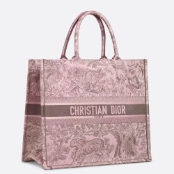 Dior Large Book Tote Bag in Pink and Gray Toile de Jouy Sauvage Embroidery CDBS2355