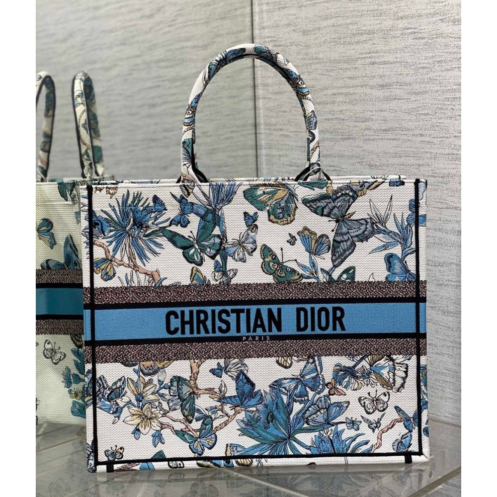 Dior Large Book Tote Bag in White and Blue Toile de Jouy Mexico Embroidery CDBS2358