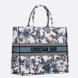 Dior Large Book Tote Bag in White and Blue Toile de Jouy Mexico Embroidery CDBS2358