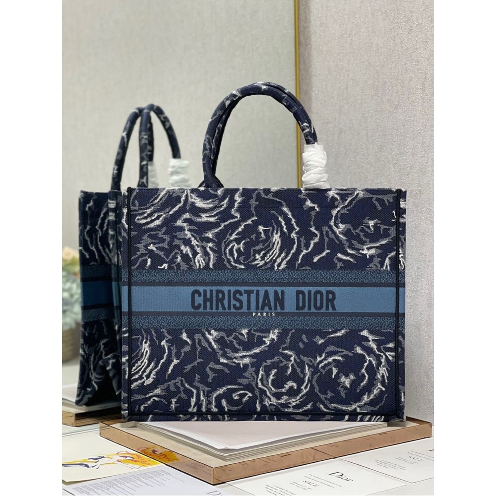 Dior Large Book Tote In Blue Dior Roses Embroidery CDBS2369