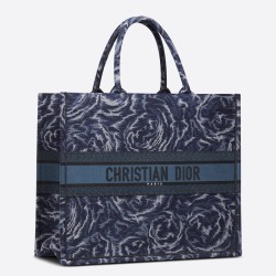 Dior Large Book Tote In Blue Dior Roses Embroidery CDBS2369