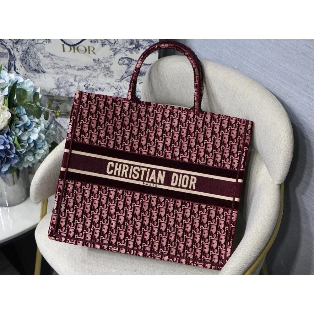 Dior Large Book Tote In Bordeaux Oblique Embroidered Velvet CDBS2371