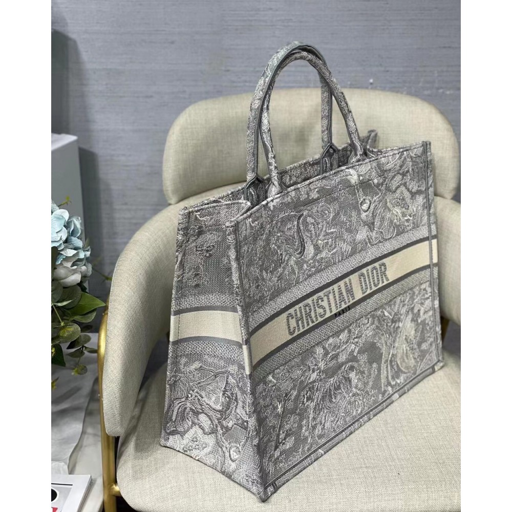 Dior Large Book Tote In Gray Toile de Jouy Reverse Embroidery CDBS2372