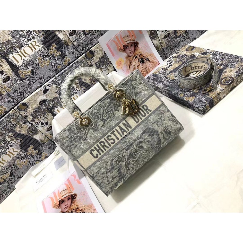 Dior Large Lady D-Lite Bag In Gray Toile de Jouy Reverse Embroidery CDBS2399