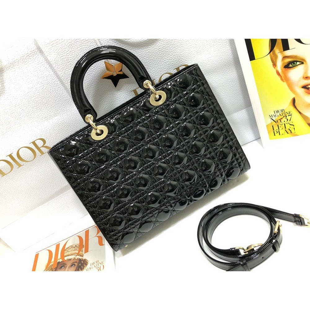 Dior Large Lady Dior Bag In Black Patent Cannage Calfskin CDBS2384