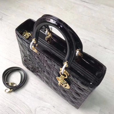 Dior Large Lady Dior Bag In Black Patent Leather CDBS2385