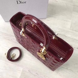 Dior Large Lady Dior Bag In Bordeaux Patent Leather CDBS2388